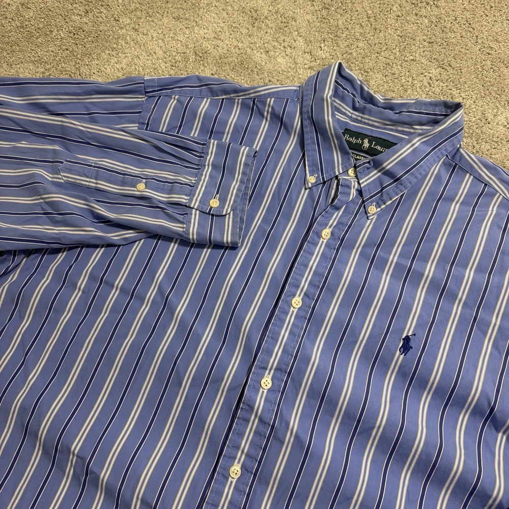 Ralph Lauren Shirt Men Sz XXL Blue White Striped Long Sleeve Button Down Classic